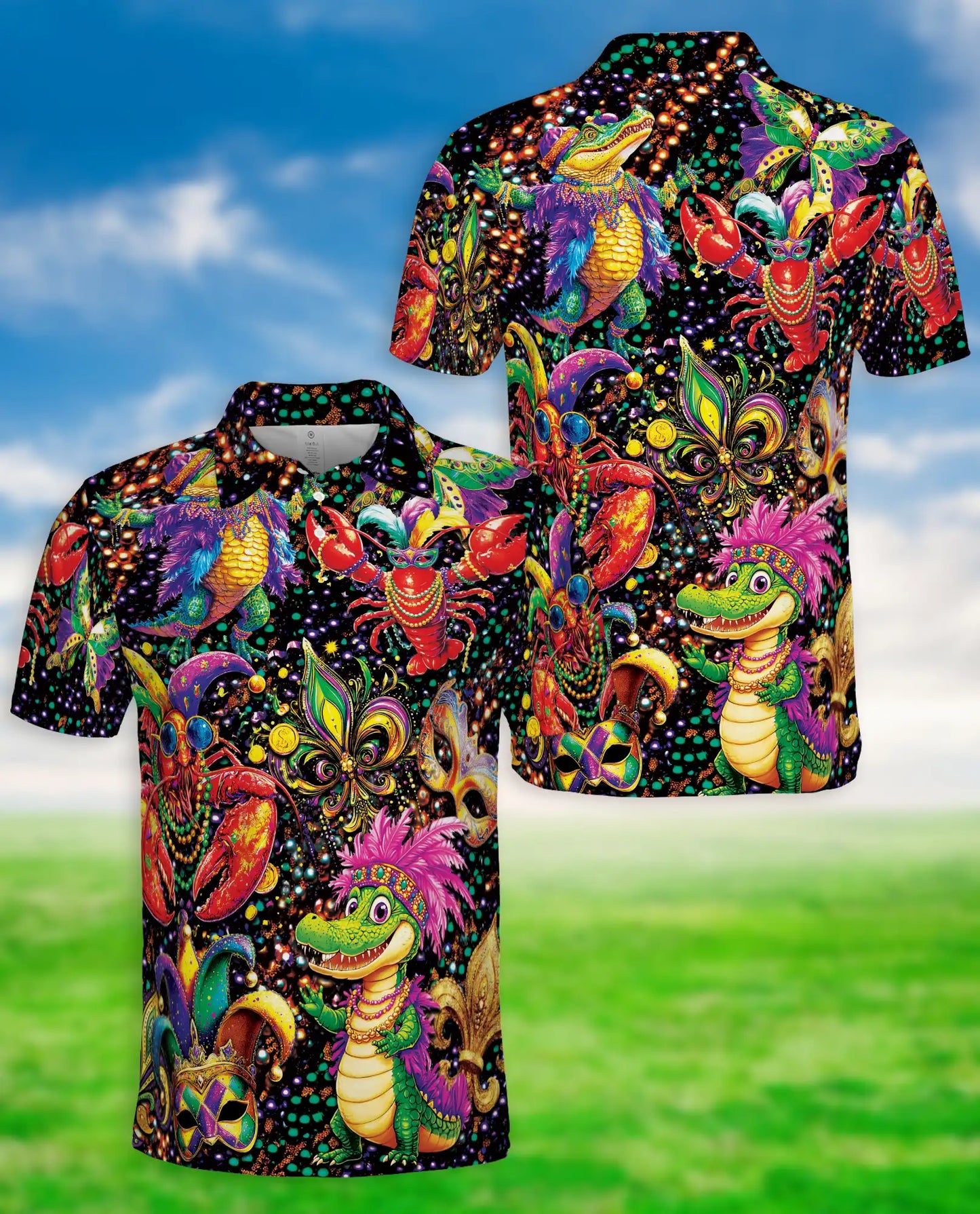 Mardi Gras Alligator 3D Polo Shirt for Men, Carnival Cajun Style | Azhawaiian