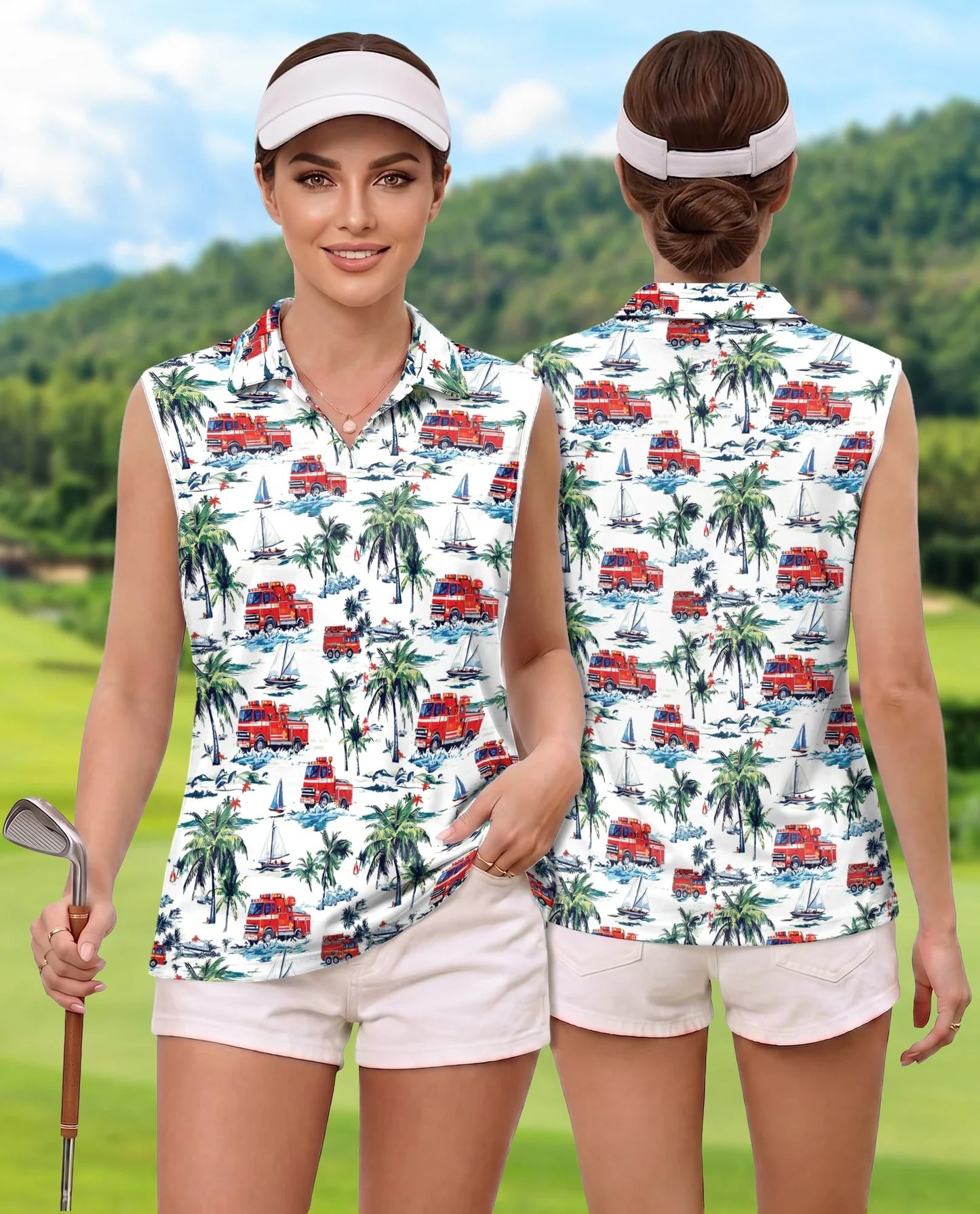Fire Truck Friend of Firefighter Sleeveless Polo Shirt for Women | Azhawaiian