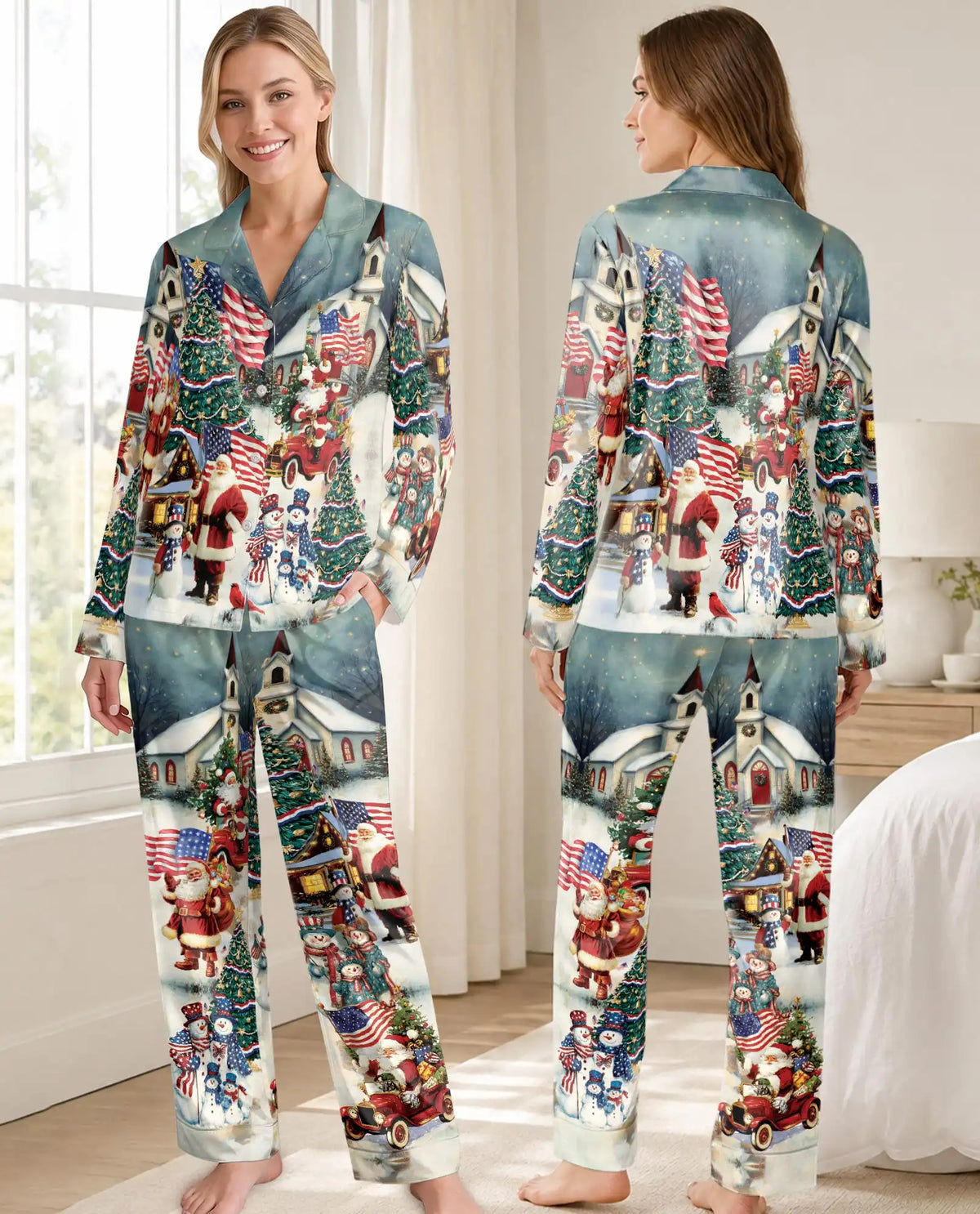 Patriotic Santa Christmas Pajama Set for Women – American Flag Print