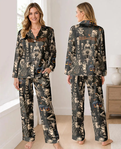 Gothic Halloween Pajama Set for Women, Dark Skeleton Spooky Sleepwear