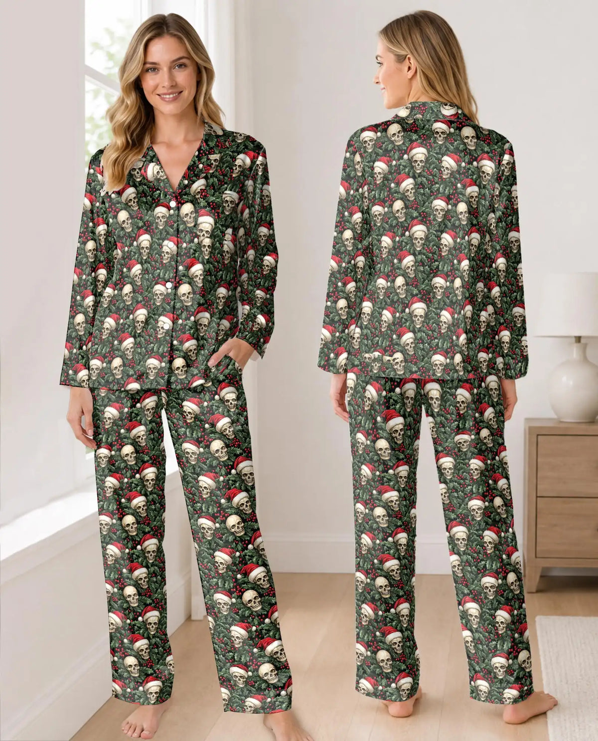 Gothic Christmas Skull Pajama Set for Women – Holly Berry Print