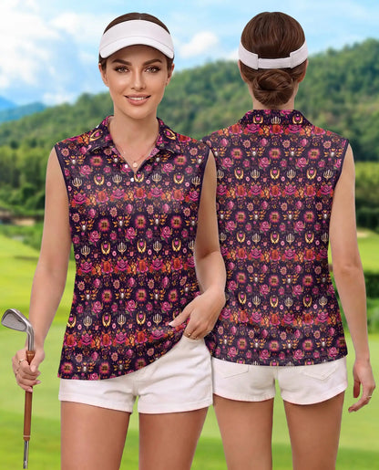 Traditional Pattern Sleeveless Polo Shirt for Women, Classic Cultural Style | Azhawaiian