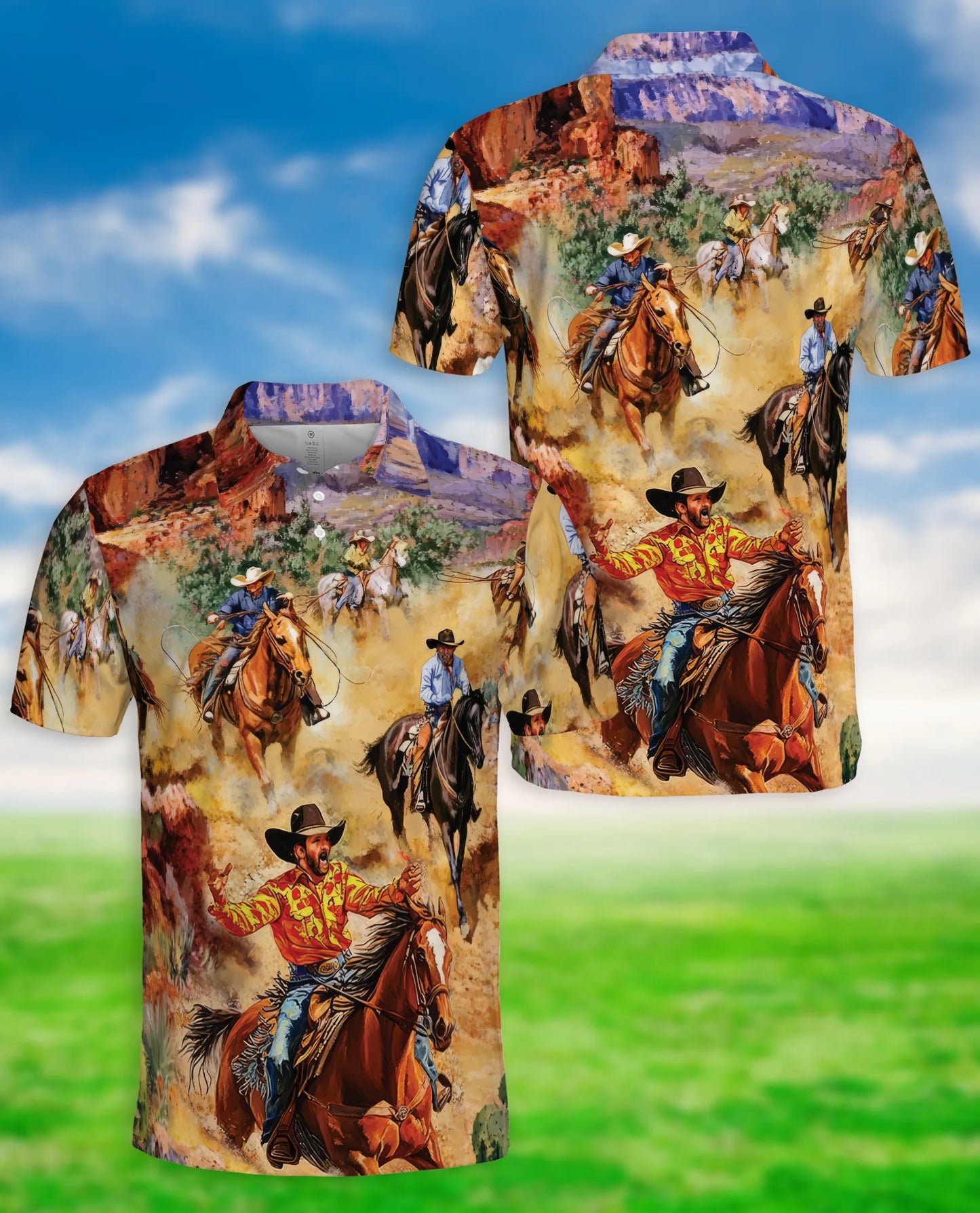 Cowboy Rodeo 3D Polo Shirt for Men, Western Horse Rider Style | Azhawaiian
