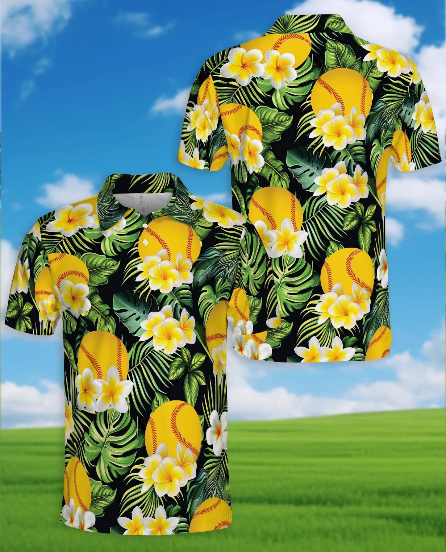Softball Plumeria Polo Shirt for Men, Tropical Floral Style | Azhawaiian