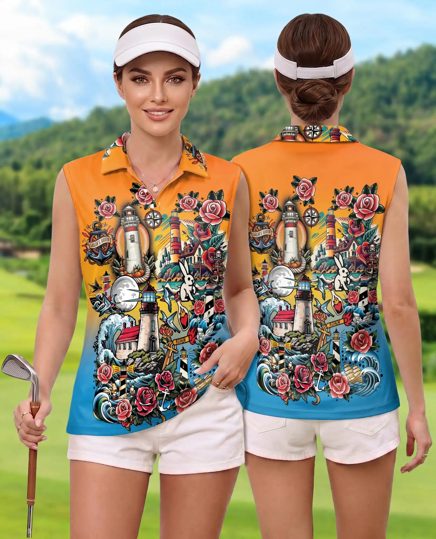 Nautical Lighthouse Sleeveless Polo Shirt for Women, Coastal Ocean Style | Azhawaiian