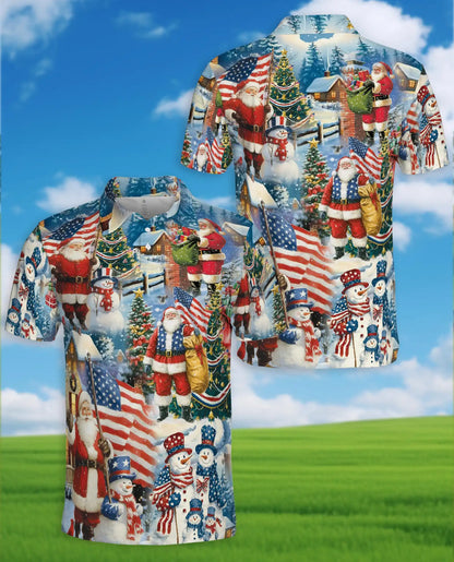 Patriotic Christmas Santa Polo Shirt for Men- Patten American Flag Santa | Azhawaiian