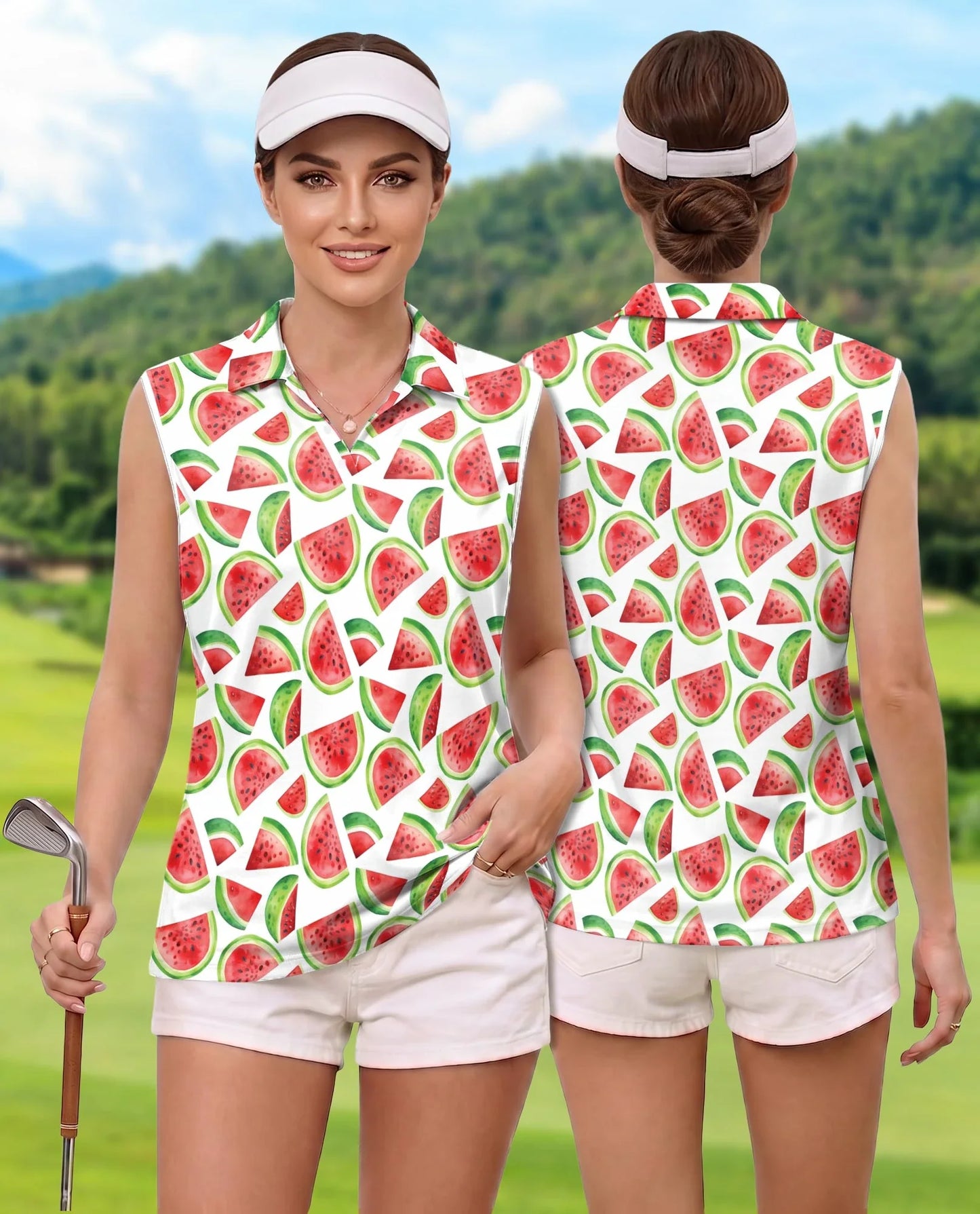 Watermelon Pattern Sleeveless Polo Shirt for Women | Azhawaiian