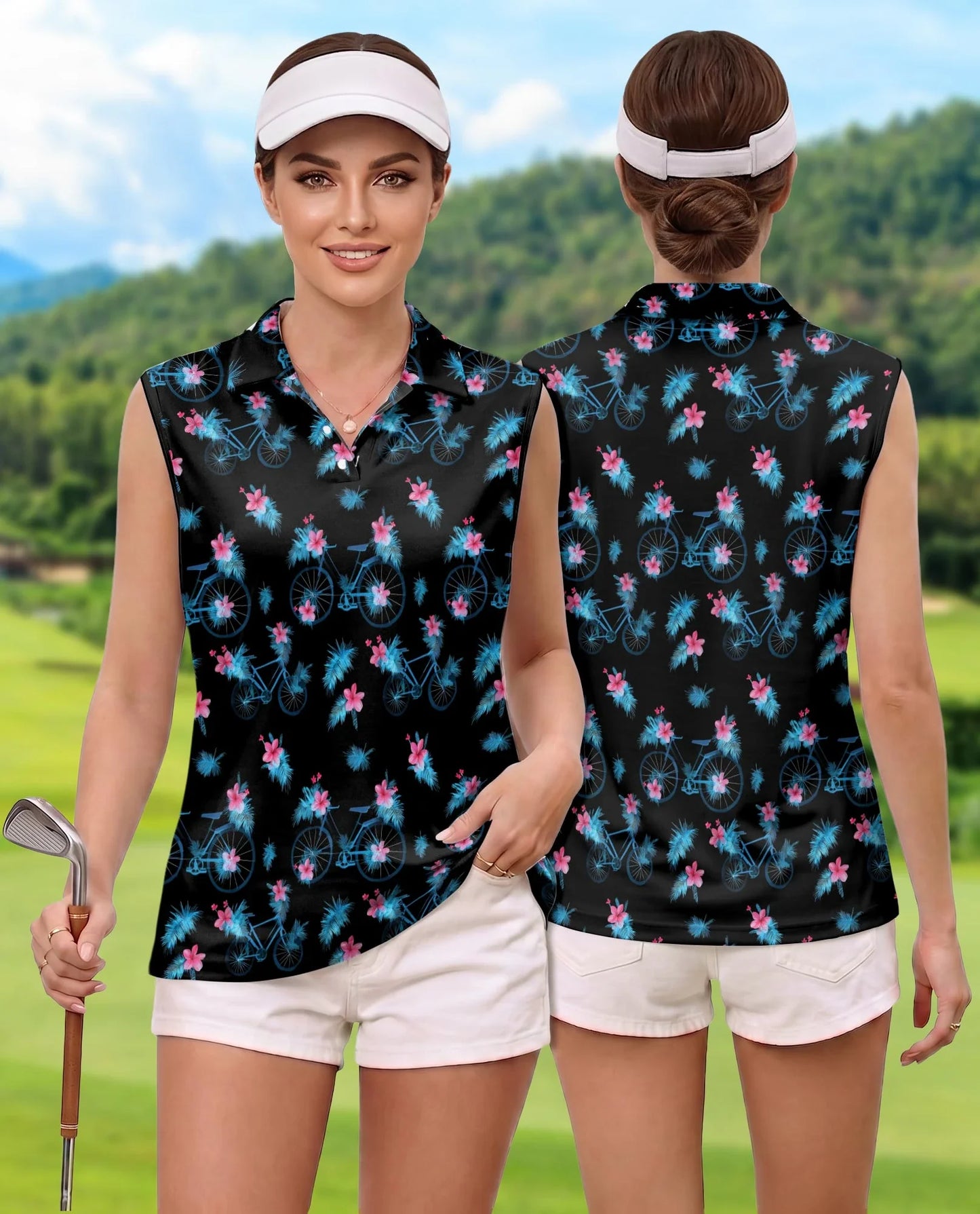 Bicycle Pattern Sleeveless Polo Shirt for Women | Azhawaiian