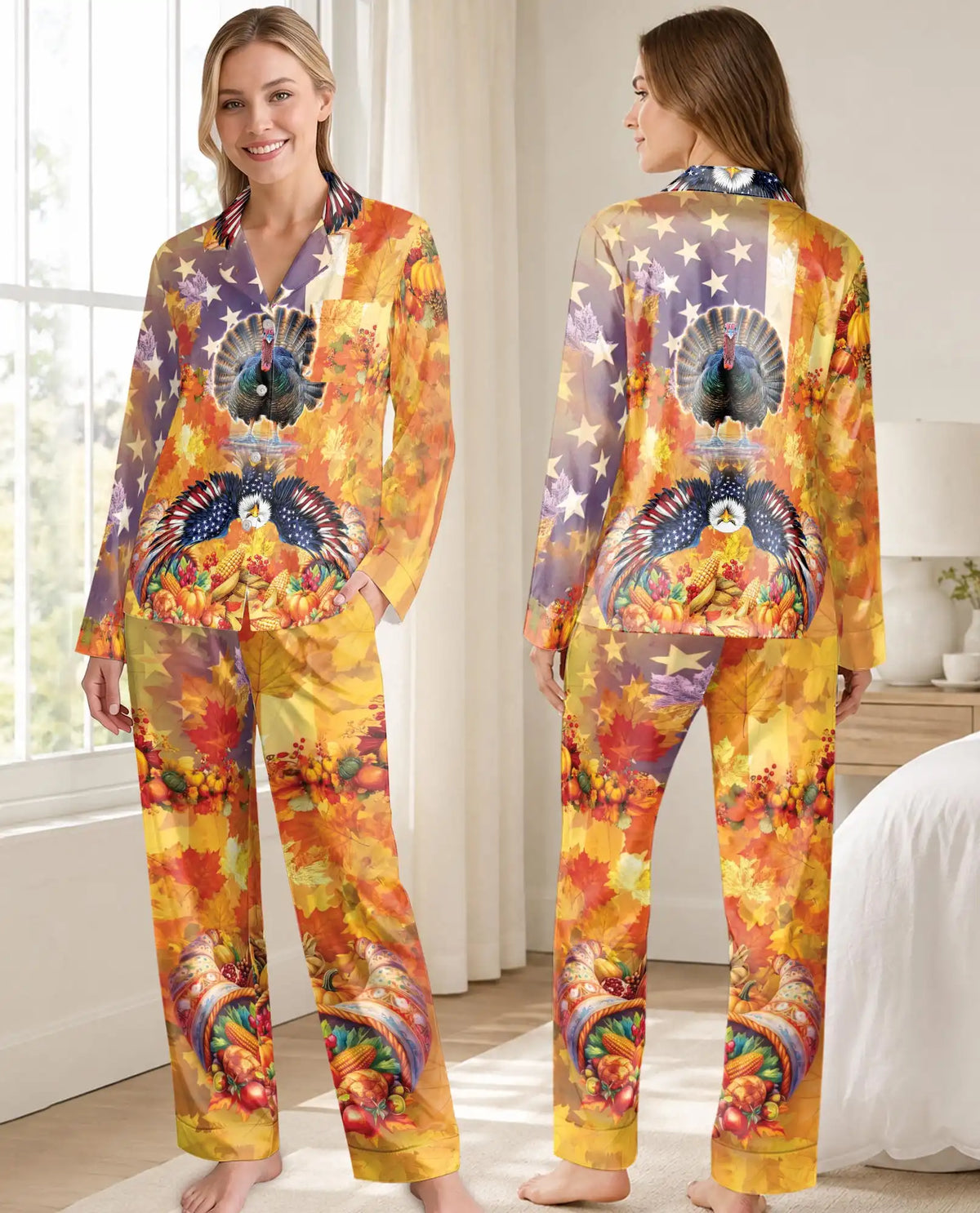 Thanksgiving Turkey Pajama Set for Women, Fall Harvest Holiday Sleepwear