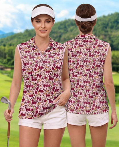 Pink Leopard Cherry Sleeveless Polo Shirt for Women, Cute Wild Fruit Style | Azhawaiian