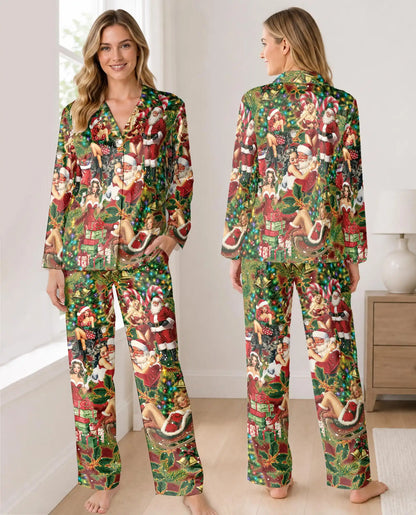 Vintage Pin-Up Santa Christmas Pajama Set for Women – Retro Holiday Print
