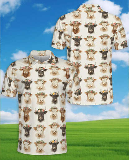 Floral Cow Polo Shirt for Men, Farmhouse Animal Style | Azhawaiian