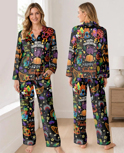 Neon Thanksgiving Pajama Set for Women – Turkey Pumpkin Print
