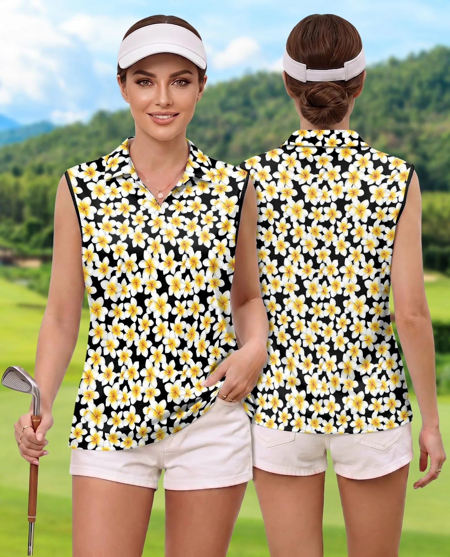 Yellow Plumeria Sleeveless Polo Shirt for Women | Azhawaiian