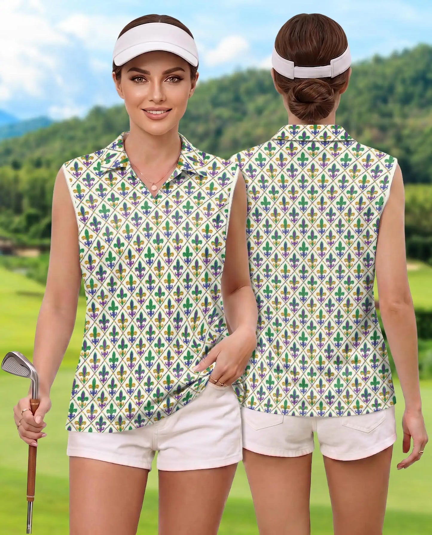 Mardi Gras Fleur de Lis Pattern Sleeveless Polo Shirt for Women | Azhawaiian