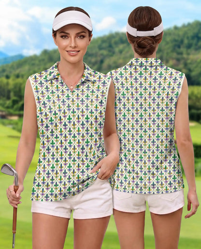 Mardi Gras Fleur de Lis Pattern Sleeveless Polo Shirt for Women | Azhawaiian