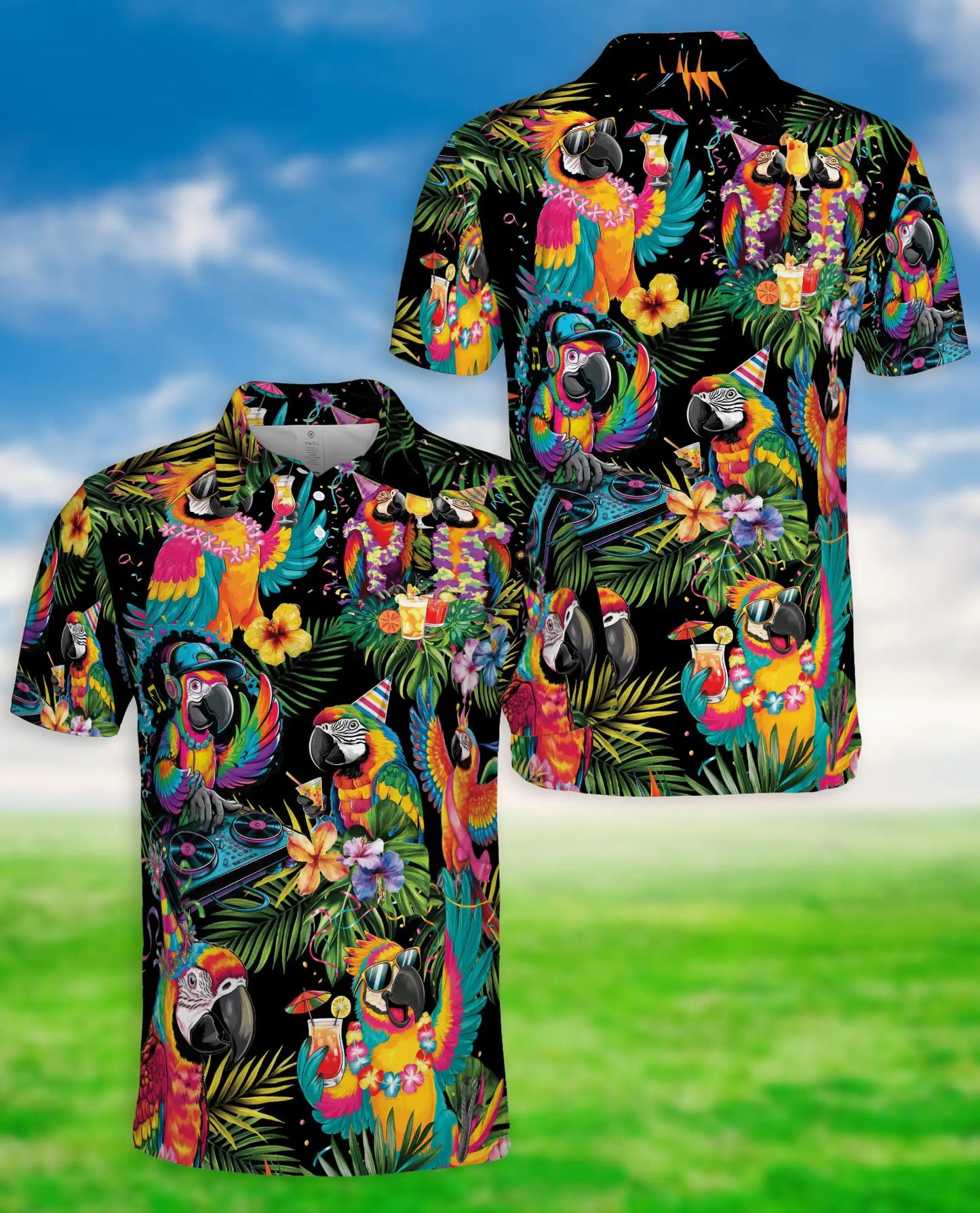 Tropical Party Parrot Polo Shirt Colorful Macaw DJ Hawaiian Design | Azhawaiian