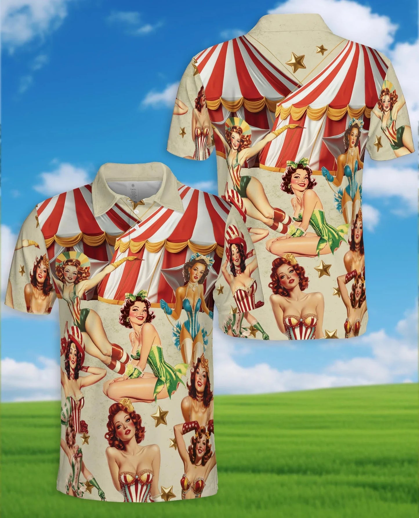 Circus Girls Polo Shirt for Men, Vintage Carnival Art Style | Azhawaiian