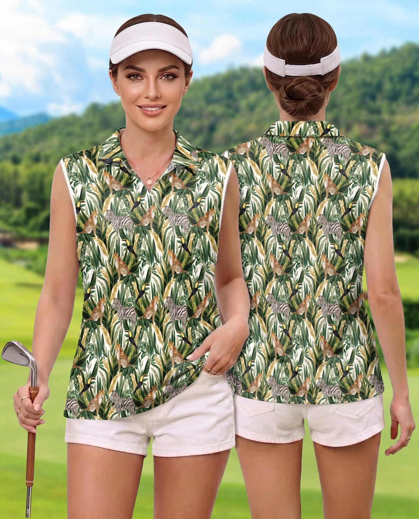 Tropical Summer Wild Animals Plants Sleeveless Polo Shirt for Women | Azhawaiian