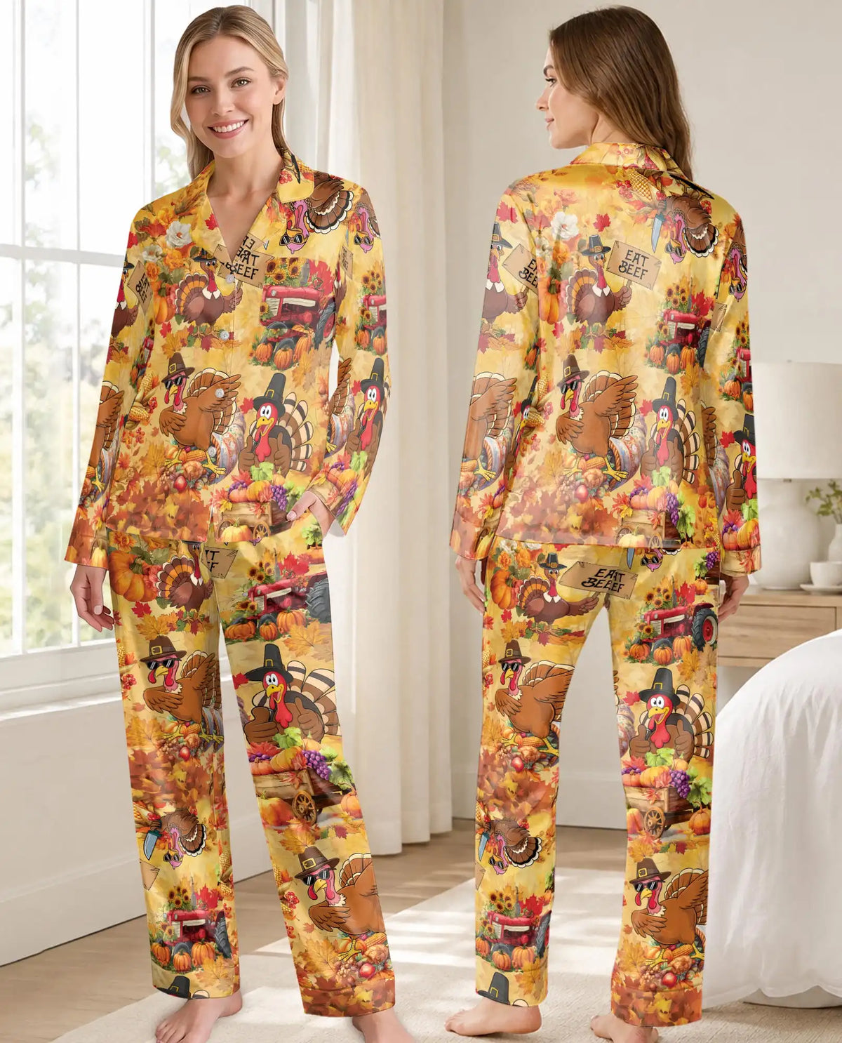 Funny Turkey Thanksgiving Pajama Set for Women, Fall Harvest Holiday Sleepwear