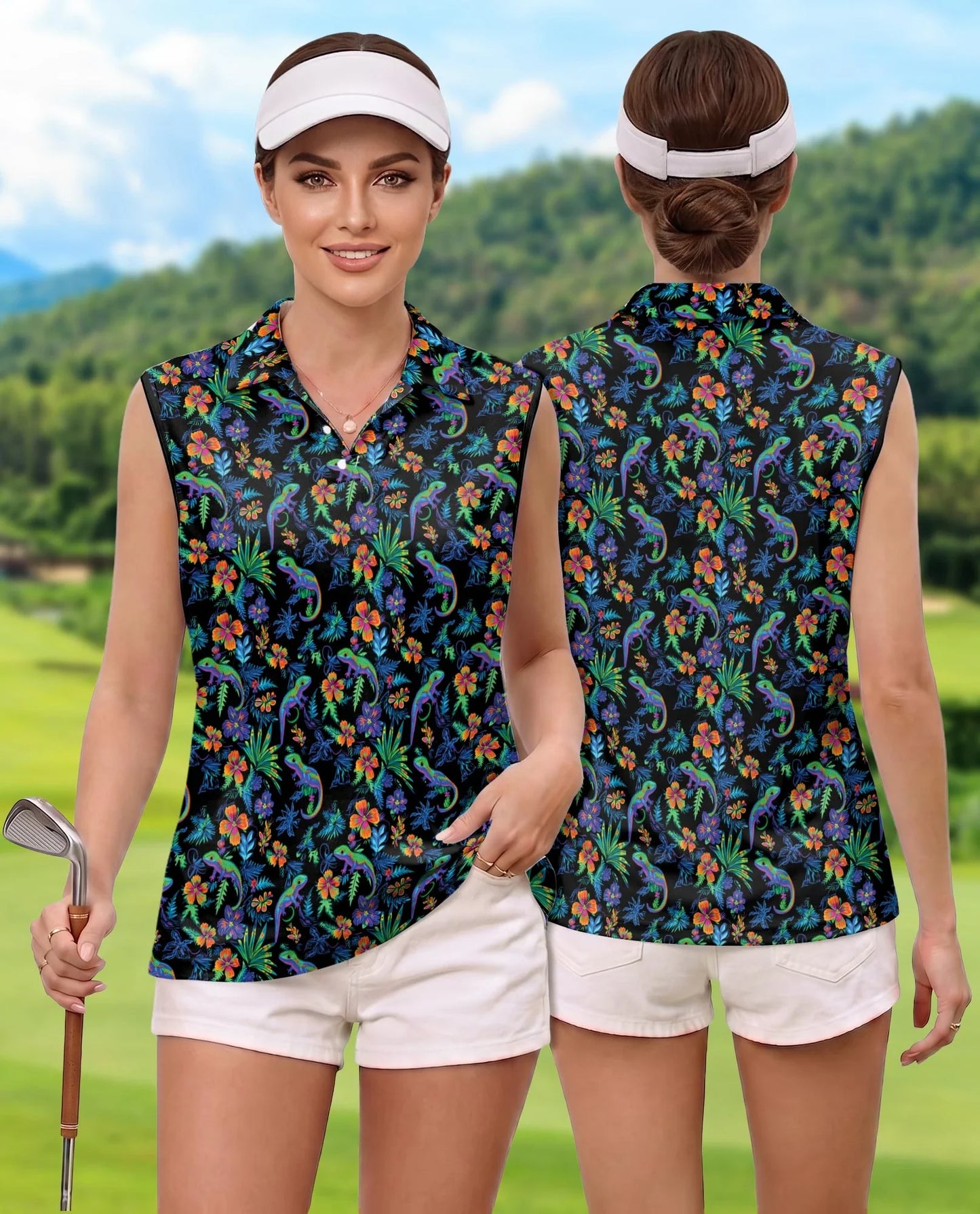 Colorful Gecko Pattern Sleeveless Polo Shirt for Women | Azhawaiian