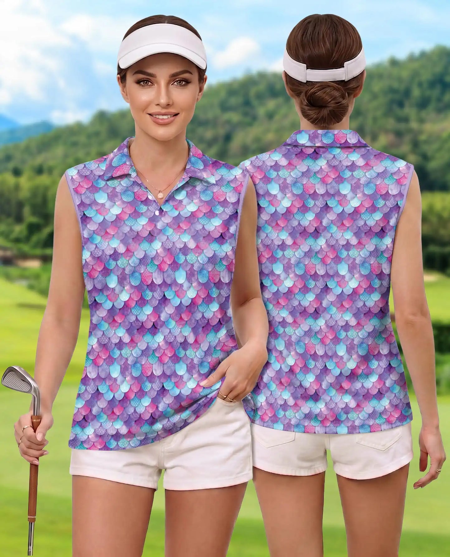Colorful Fish Scale Pattern Sleeveless Polo Shirt for Women | Azhawaiian
