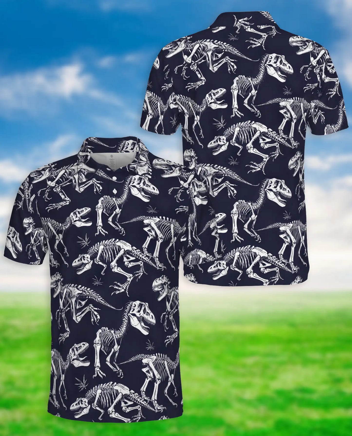 Dinosaur Skeleton 3D Polo Shirt for Men, Fossil Bones Jurassic Style | Azhawaiian