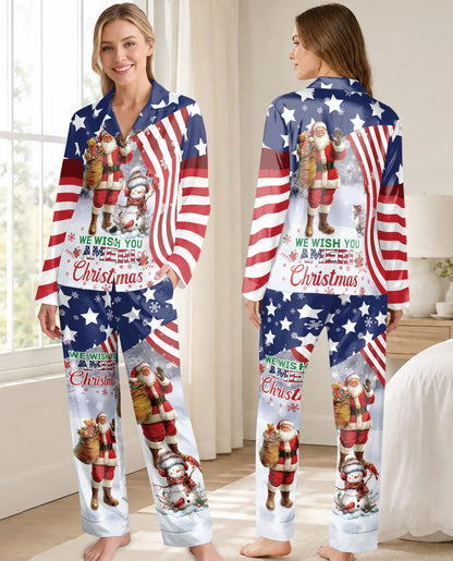 Patriotic Santa Christmas Pajama Set for Women – American Flag & Snowman Print