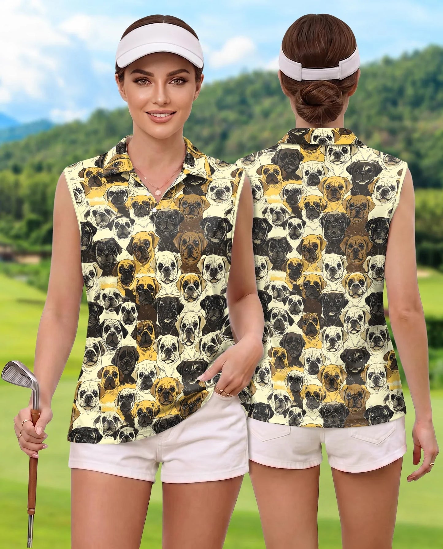 Pug Dog Pattern Sleeveless Polo Shirt for Women