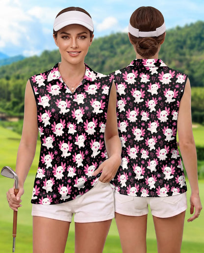 Axolotl Pattern Sleeveless Polo Shirt for Women, Cute Aquatic Animal Style | Azhawaiian