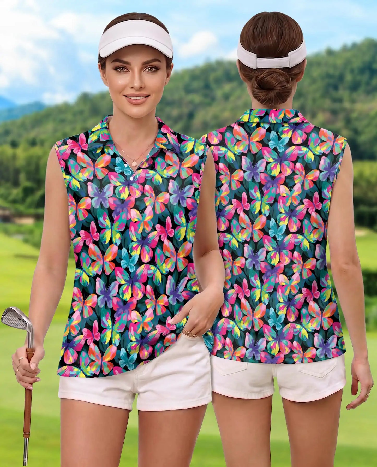 Vibrant Butterfly Pattern Sleeveless Polo Shirt for Women | Azhawaiian