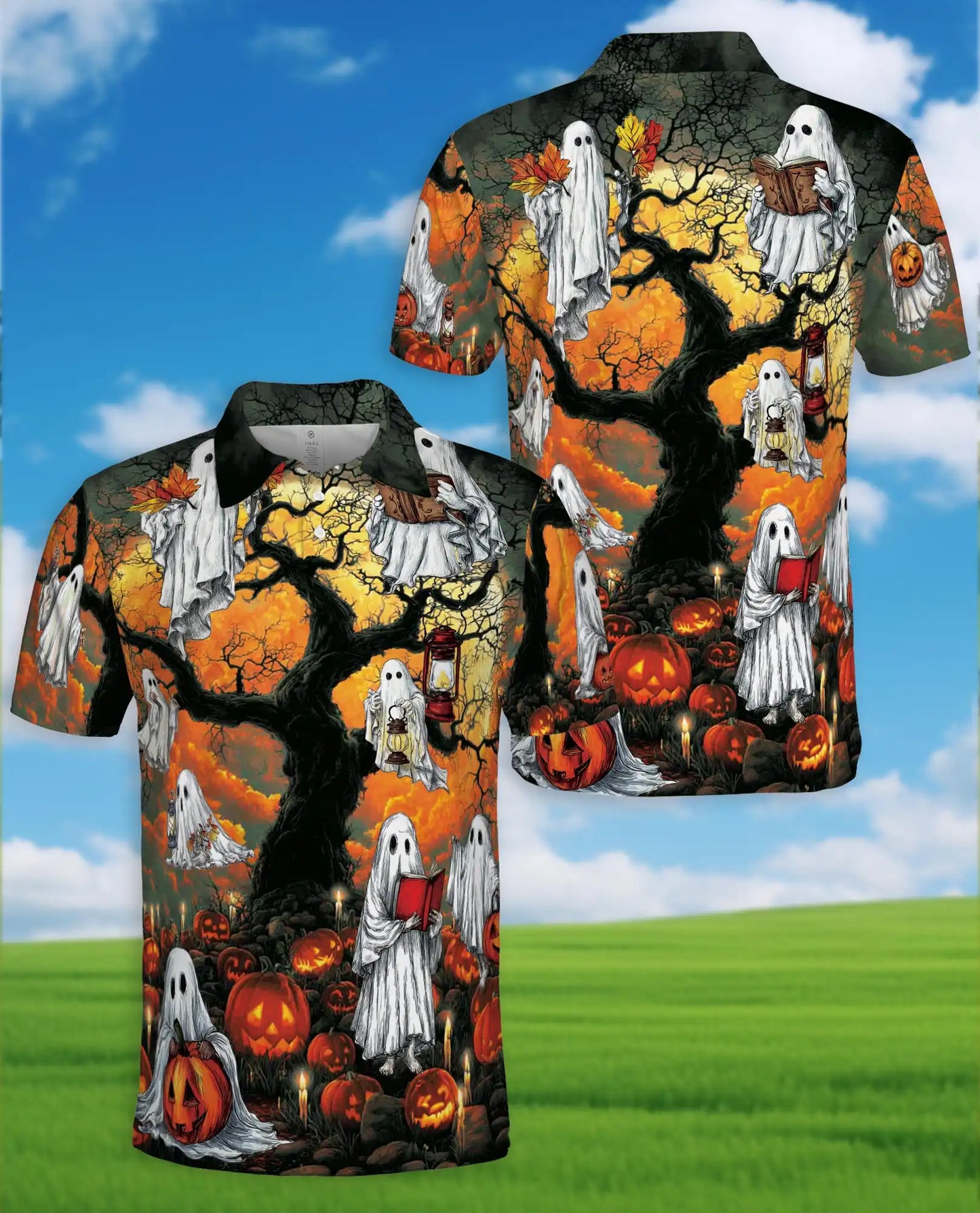 Halloween Ghost Polo Shirt, Spooky Pumpkin Patch Print | Azhawaiian