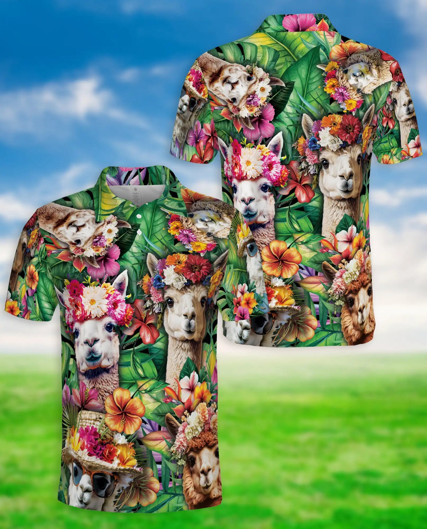 Alpaca Tropical Polo Shirt, Floral Jungle Print | Azhawaiian