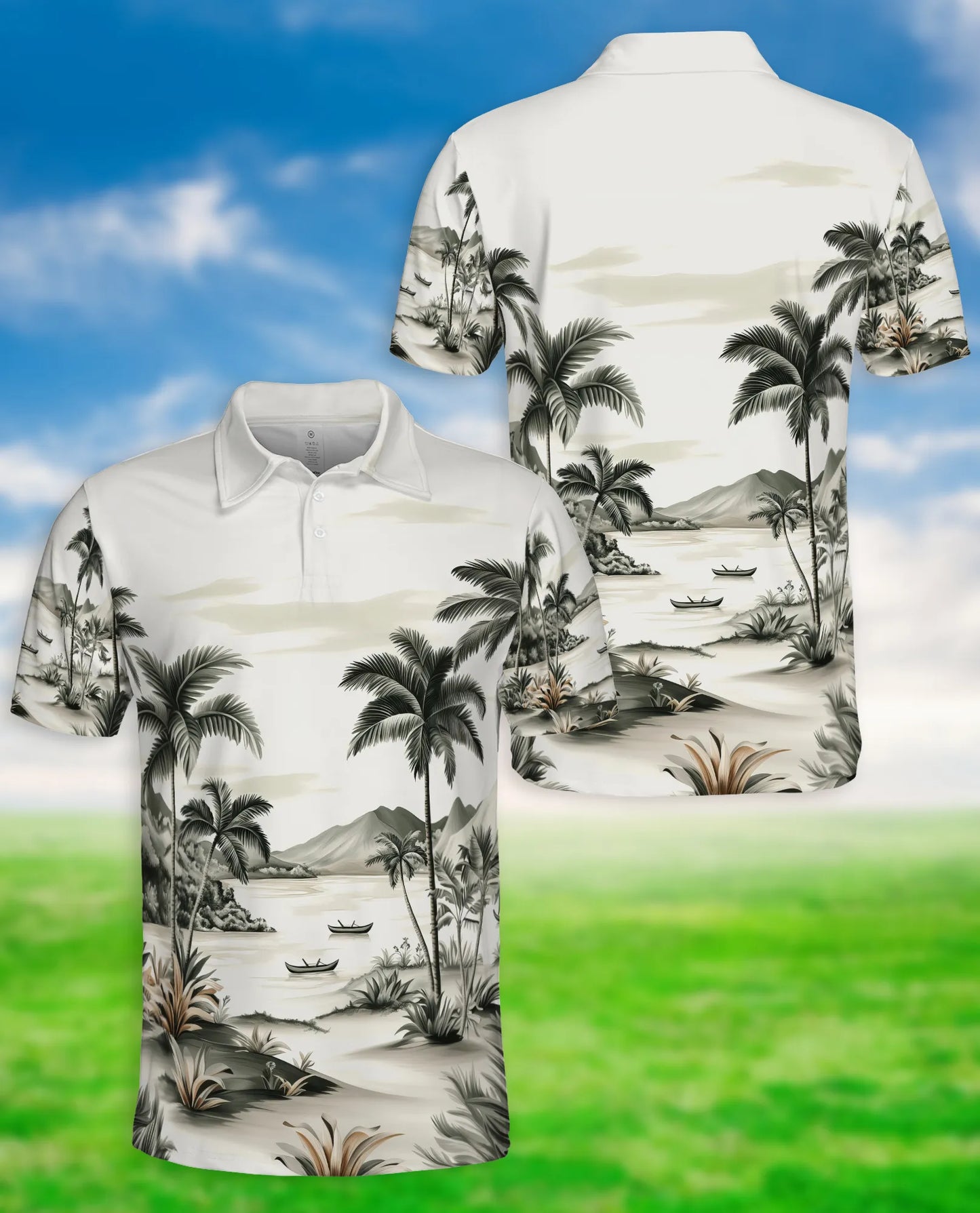 Tropical Landscape 3D Polo Shirt for Men, Vintage Beach Palm Style | Azhawaiian