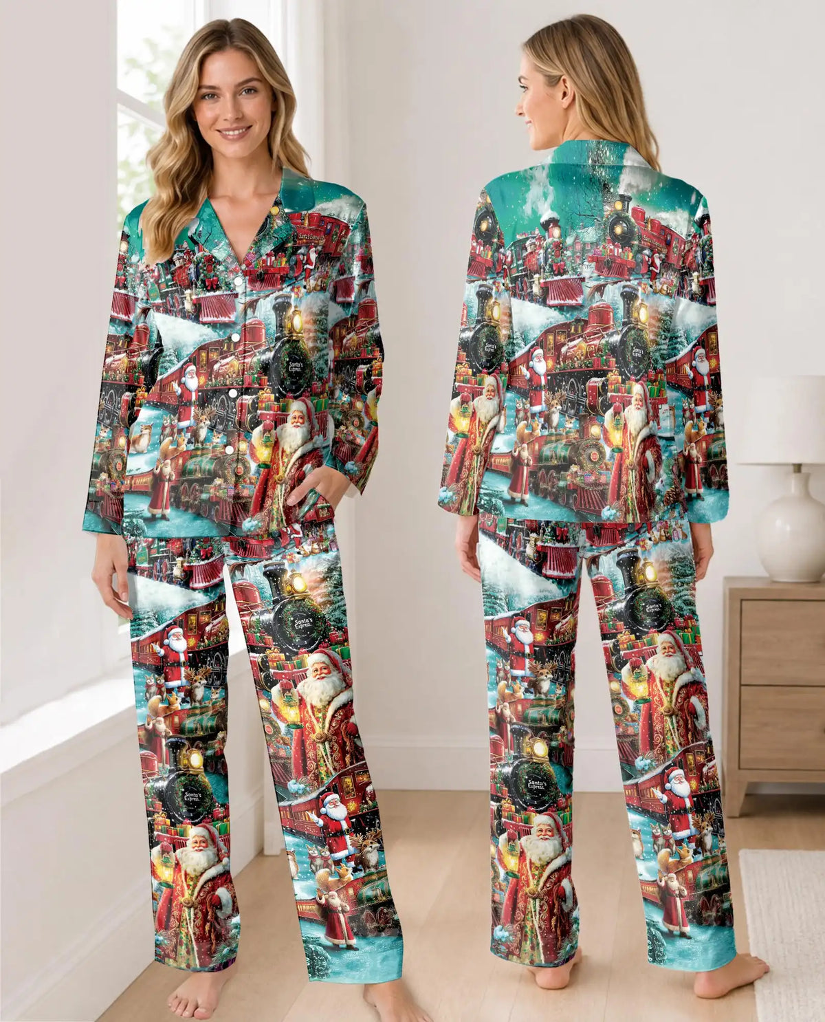 Vintage Santa Christmas Train Pajama Set for Women – Festive Steam Train Print