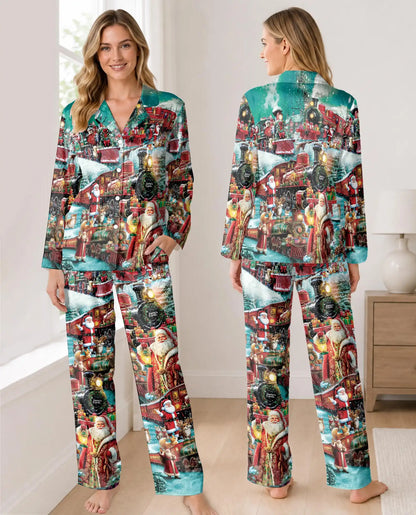Vintage Santa Christmas Train Pajama Set for Women – Festive Steam Train Print