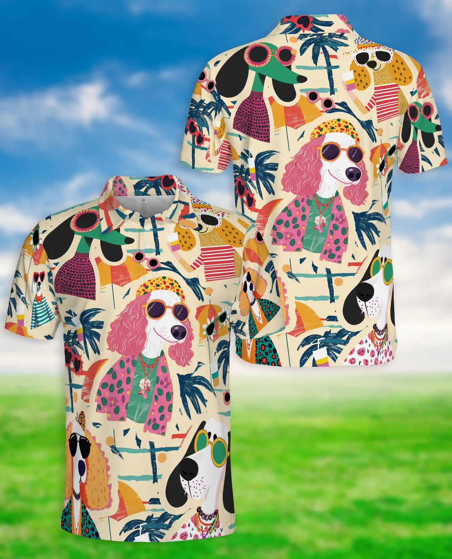 Retro Summer Stylish Dogs Beach Party Polo Shirt for Men | Azhawaiian