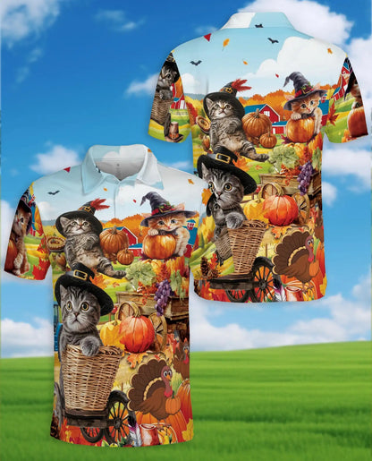 Autumn Harvest Cats Polo Shirt for Men, Cute Fall Kitten Print | Azhawaiian
