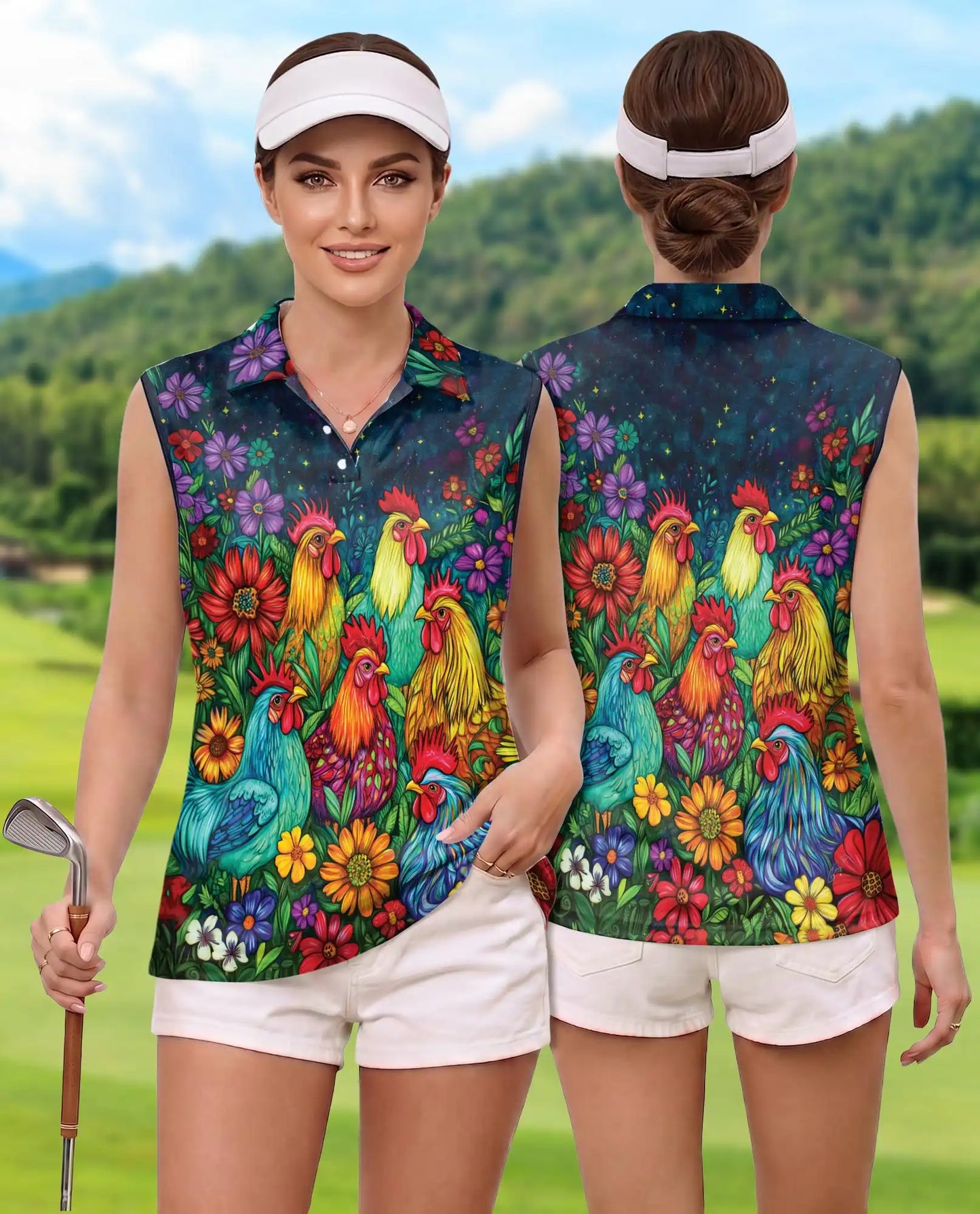 Colorful Chicken Farm Summer Sleeveless Polo Shirt for Women  | Azhawaiian