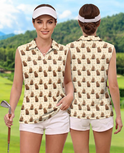 Capybara Pattern Sleeveless Polo Shirt for Women