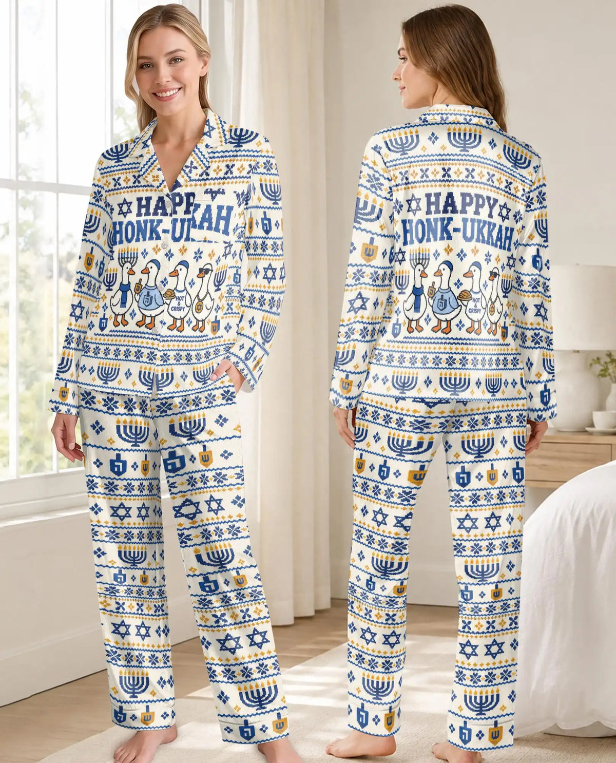 Happy Honk-ukkah Hanukkah Pajama Set for Women – Funny Goose & Menorah Print