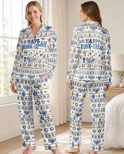 Happy Honk-ukkah Hanukkah Pajama Set for Women – Funny Goose & Menorah Print