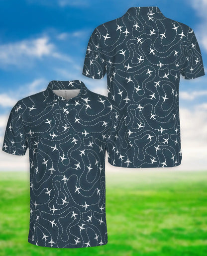 Airplane Flight Path 3D Polo Shirt for Men, Travel Aviation Pilot Style | Azhawaiian