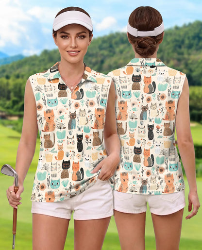 Cat Abstract Trees and Flowers Sleeveless Polo Shirt for Women | Azhawaiian