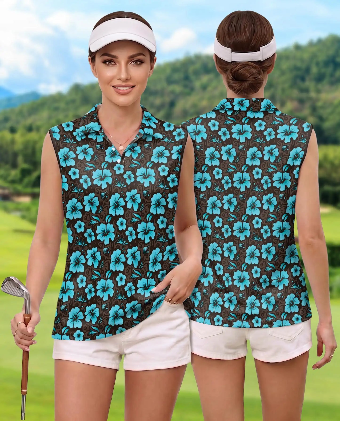 Cyan Hibiscus Print Sleeveless Polo Shirt for Women | Azhawaiian