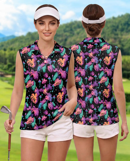 Neon Mushroom Leaves Sleeveless Polo Shirt for Women, Colorful Nature Style | Azhawaiian