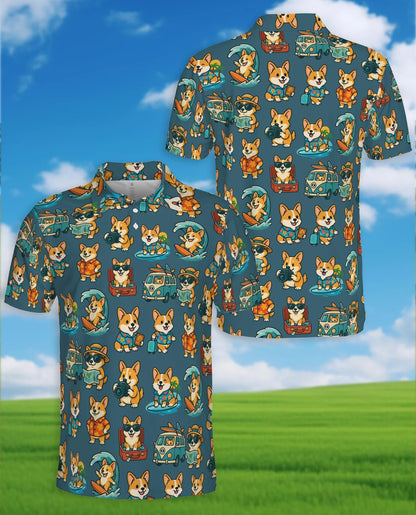 Cartoon Corgi Surfing Polo Shirt for Men, Cute Dog Beach Style | Azhawaiian