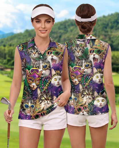 Cats Mardi Gras Carnival Sleeveless Polo Shirt for Women