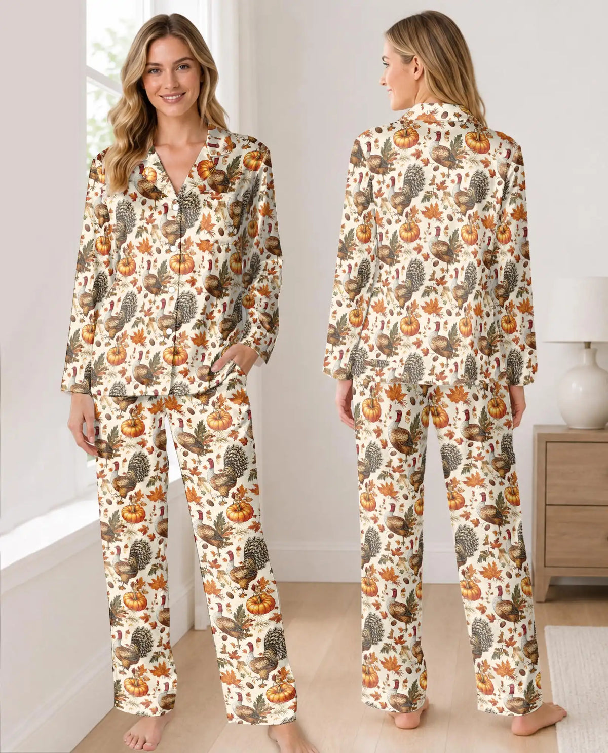 Vintage Thanksgiving Turkey Pajama Set for Women – Pumpkin Fall Print