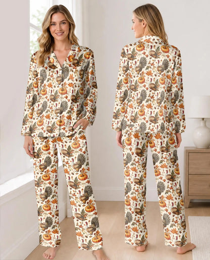 Vintage Thanksgiving Turkey Pajama Set for Women – Pumpkin Fall Print